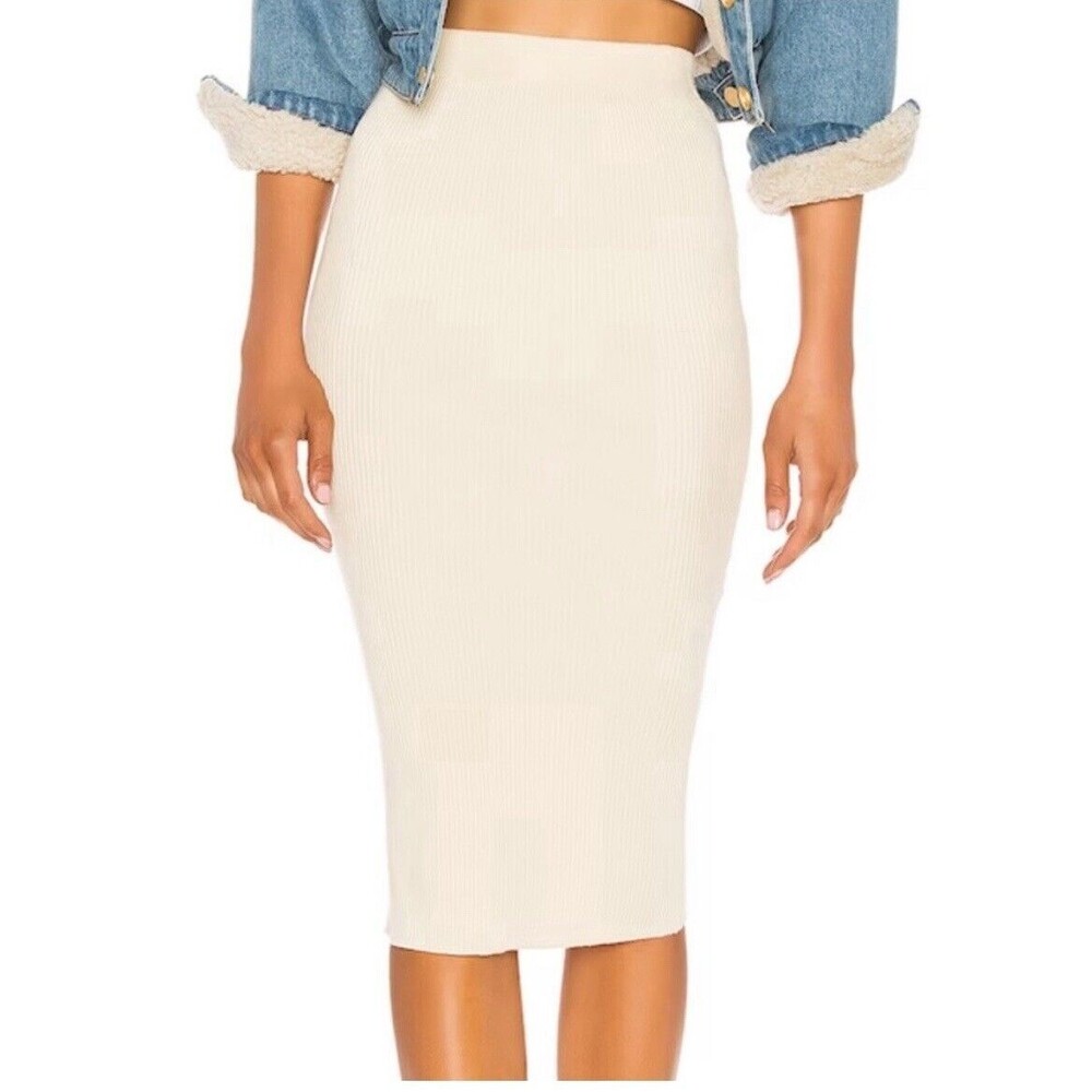 LPA Cream Skirt Ribbed Knit Midi Size Small Elmira Fitted Stretch Pencil Revolve